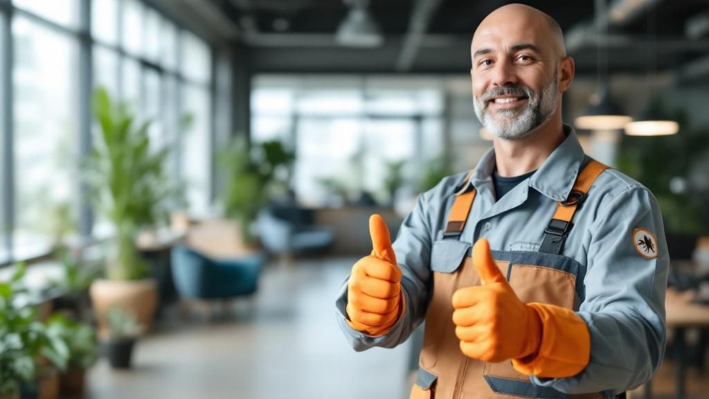 An image of a pest control expert giving a thumbs-up with a background of a clean, pest-free office environment