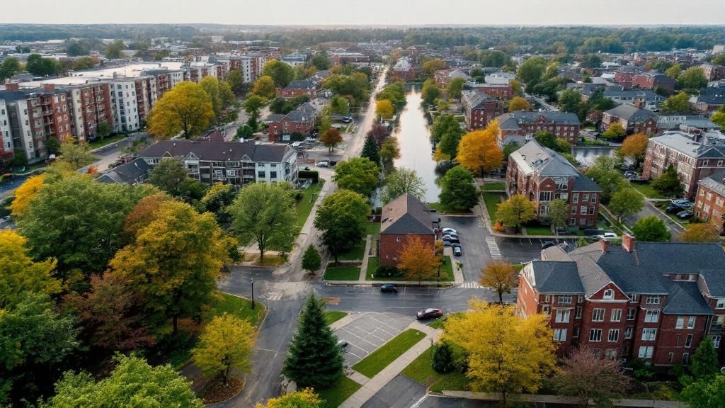 Aerial view of a Nashville apartment complex with pest control measures in place