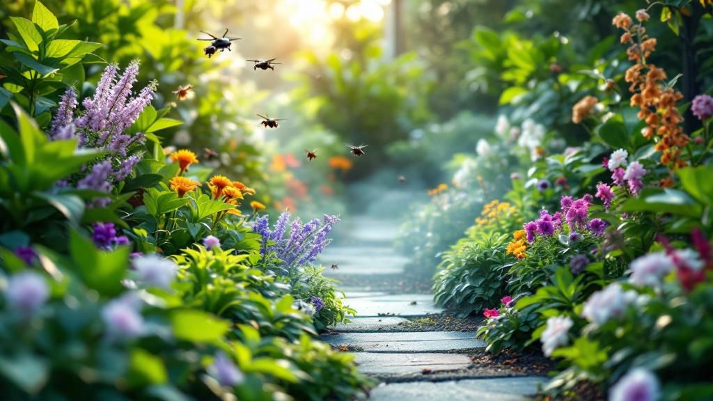 A futuristic garden with advanced eco-friendly pest control technologies like drones and sensors