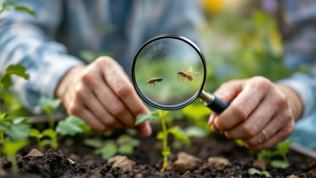 A person looking at a garden with a magnifying glass, observing natural pest control in action