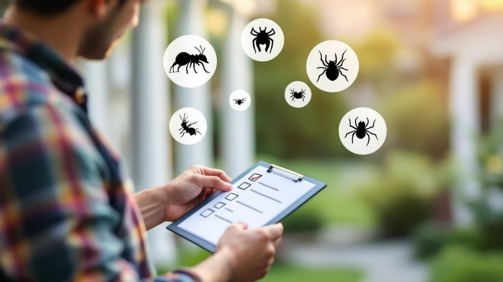 A homeowner inspecting the exterior of their house with a checklist, surrounded by icons of pests like ants, mice, and spiders