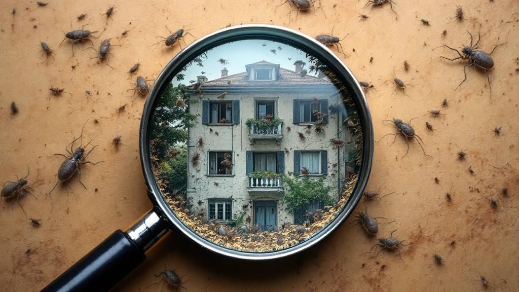 A metaphorical image of a building with a magnifying glass revealing hidden pests like rodents and insects.