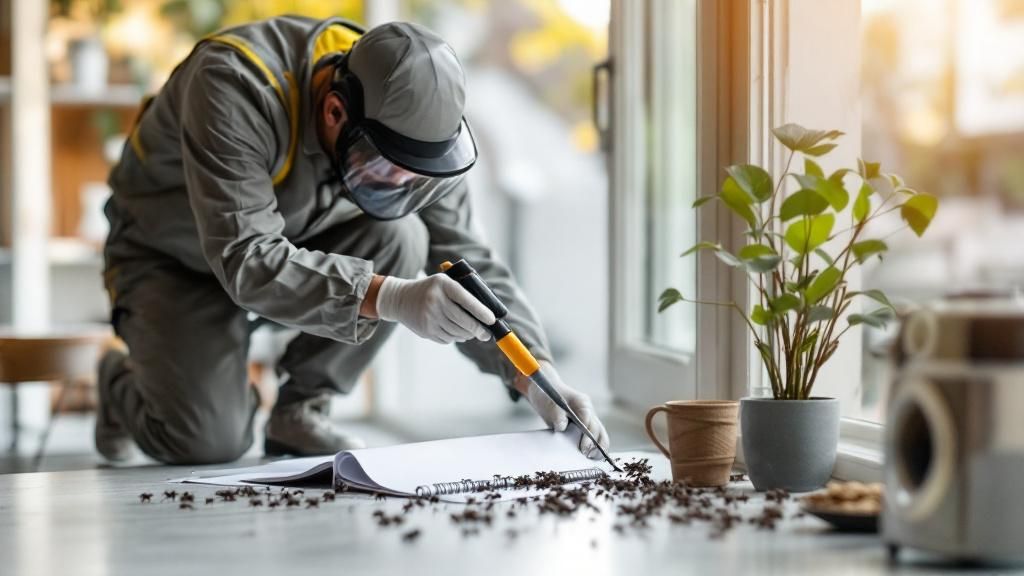 A pest control professional wearing a grey uniform, protective face shield, and white gloves kneels on a bright indoor floor near a window. The technician uses a specialized wand tool to inspect or treat a scatter of small debris or pests on the floor next to an open notebook. A potted plant and a coffee mug sit on the windowsill in the background.