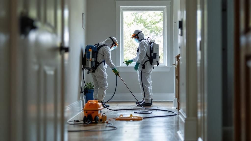 Two pest control technicians in full white hazmat suits, respirators, and protective eyewear inspecting and treating a residential hallway. One technician aims a long spray wand toward the baseboard near a window, while the other stands nearby monitoring the equipment. A yellow industrial vacuum and various hoses rest on the hardwood floor in the foreground.