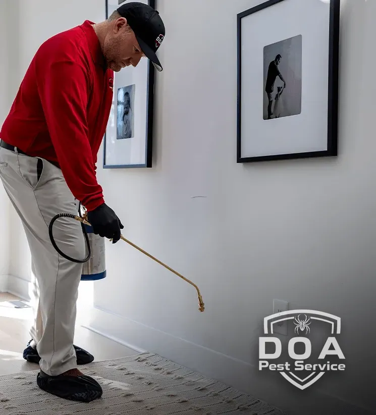 A pest control technician wearing a red long-sleeve polo shirt, khaki pants, black gloves, a black baseball cap, and protective shoe covers inside a home. He holds a stainless steel compressed sprayer and points the brass wand toward the baseboard along a white wall. The background features two framed black-and-white photos on the wall, and the "DOA Pest Service" logo is overlaid in the bottom right corner.